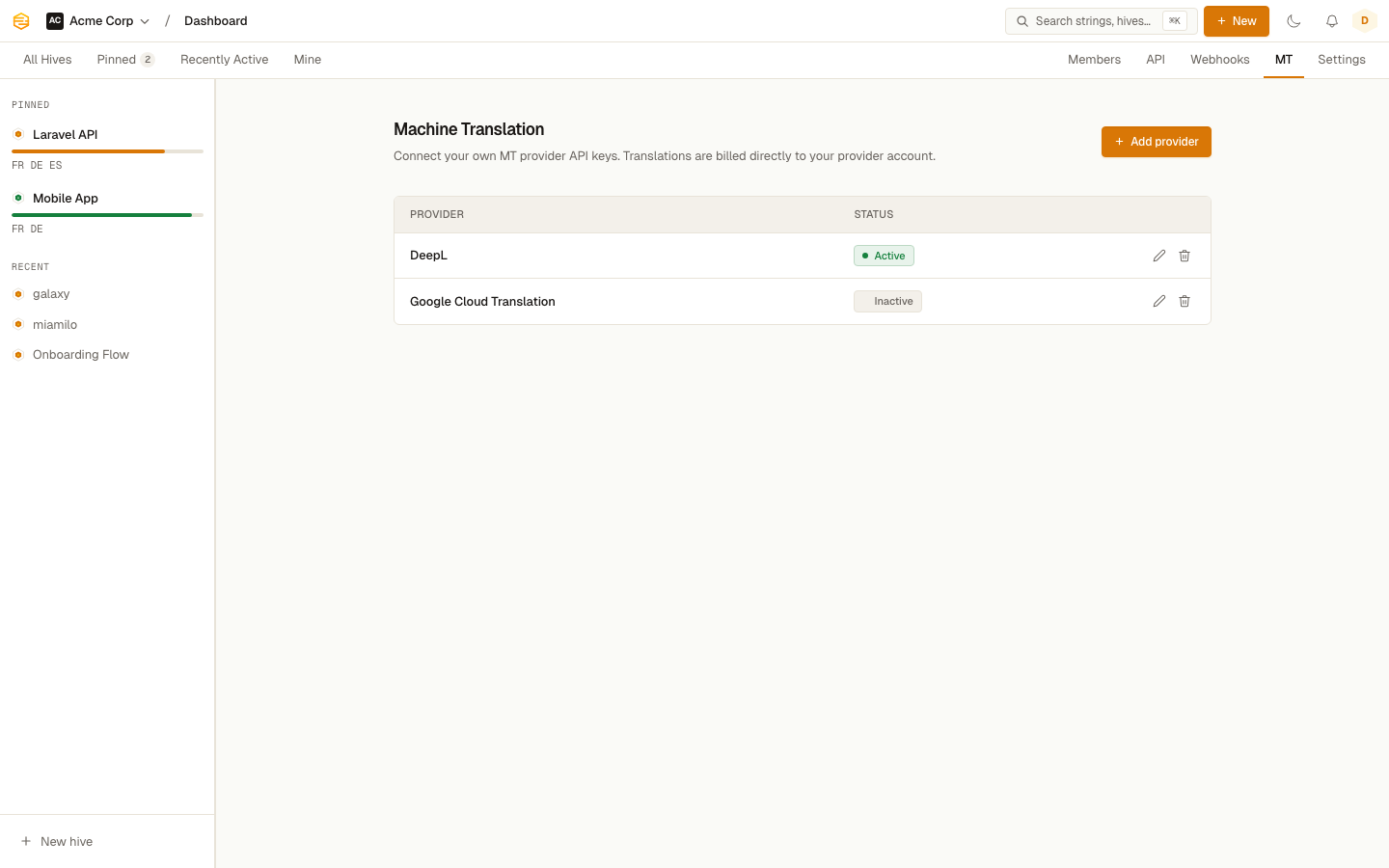 Machine translation settings showing configured providers
